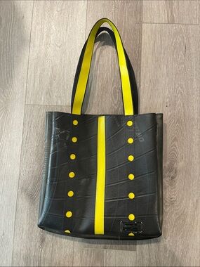 Black Tote with Yellow Trim and Button Detail